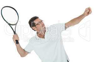 smiling adult tennis player with racket isolated