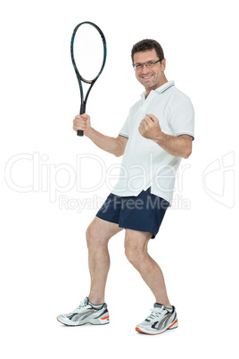 smiling adult tennis player with racket isolated