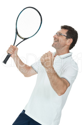 smiling adult tennis player with racket isolated