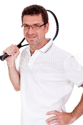 smiling adult tennis player with racket isolated