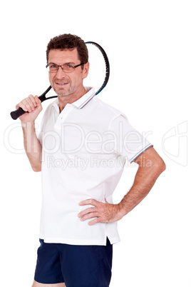 smiling adult tennis player with racket isolated