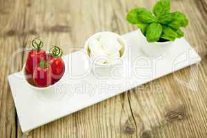 tasty tomatoes mazarella and basil on plate on table