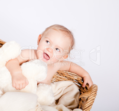 cute little baby infant in basket with teddy