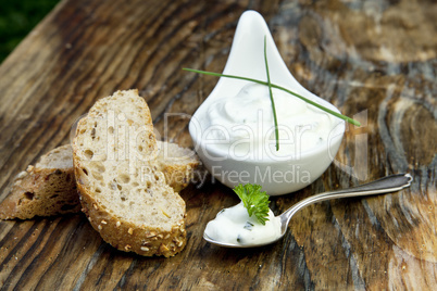 fresh bread with herb curd dinner