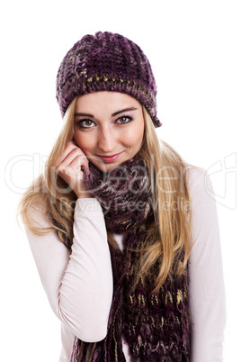 Beautiful female model wearing beanie and scarf