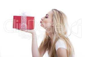 beautyful happy blond woman with present isolated