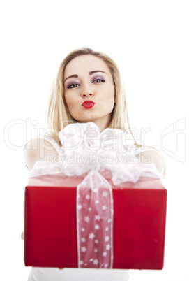 beautyful happy blond woman with present isolated