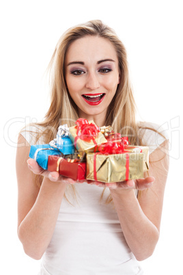 Female model carrying presents