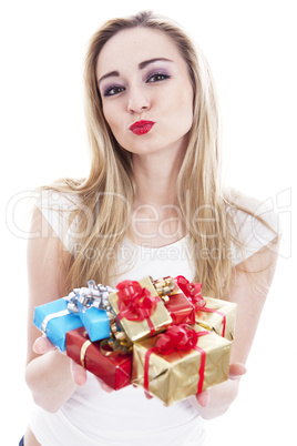 beautyful happy blond woman with present isolated