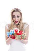 beautyful happy blond woman with present isolated