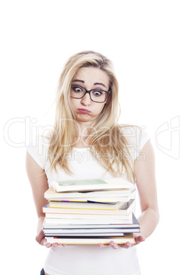 young woman with a lot of books