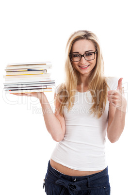 Female model carrying books doing thumbs up sign
