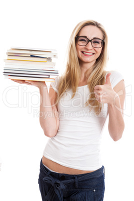 Female model carrying books doing thumbs up sign