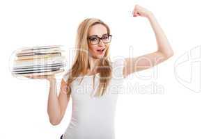 Female model carrying books doing thumbs up sign