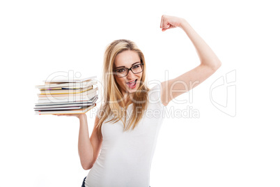 Female model carrying books doing thumbs up sign