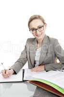 business woman with folders on desk office