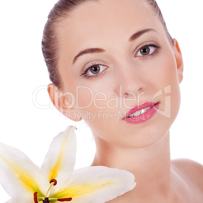 young beautiful woman portrait with white flower