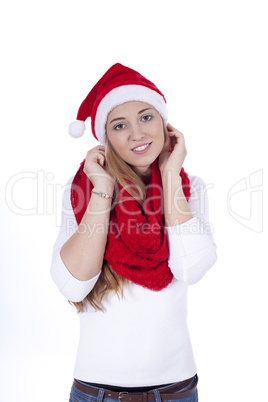 young beautiful woman with red scarf and christmas hat