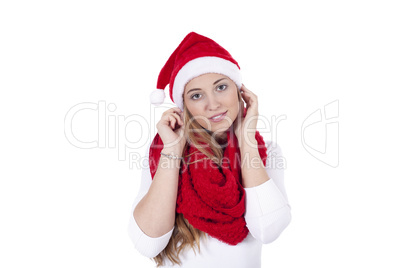 young beautiful woman with red scarf and christmas hat