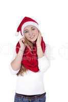 young beautiful woman with red scarf and christmas hat