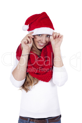 young beautiful woman with red scarf and christmas hat