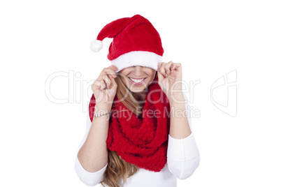 young beautiful woman with red scarf and christmas hat