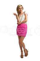 attractive young blonde woman with pink skirt isolated