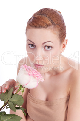 beautiful young woman holding pink rose isolated