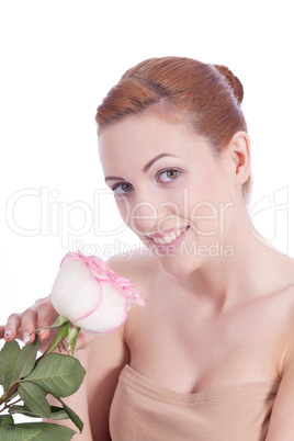 beautiful young woman holding pink rose isolated