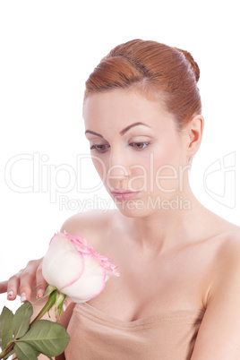 beautiful young woman holding pink rose isolated