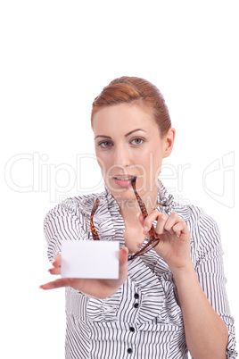 beautiful young girl is holding a blank card in hand isolated