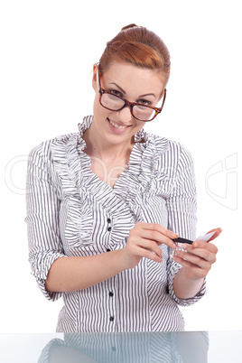 beautiful young girl is holding a blank card in hand isolated