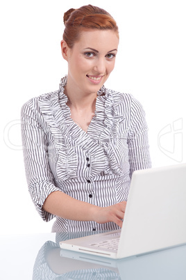 young business woman on computer with snack isolated