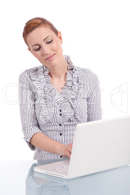 young business woman on computer with snack isolated