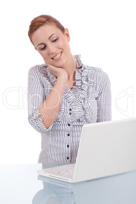 young business woman on computer with snack isolated