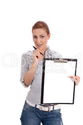 young woman with clipboard isolated on white