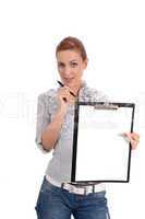 young woman with clipboard isolated on white