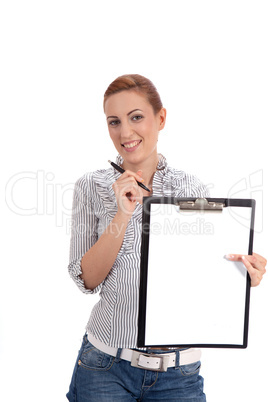 young woman with clipboard isolated on white