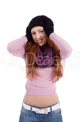 young beautiful woman with hat gloves and scarf in winter isolated