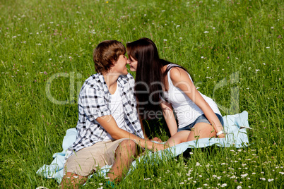 young couple outdoor in summer on blanket in love young couple outdoor in summer on blanket in love