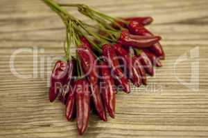 red hot chilli pepper with basil and garlic on table