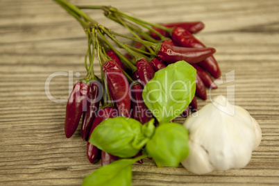 red hot chilli pepper with basil and garlic on table