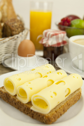 breakfast in morning with fruits and cheese toast and coffee