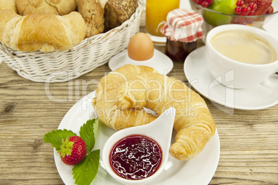 traditional french breakfast on table in morning