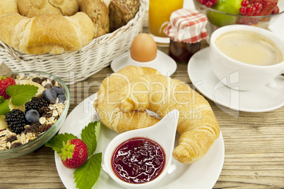 traditional french breakfast on table in morning