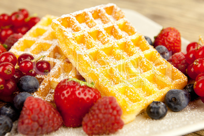 fresh tasty waffer with powder sugar and mixed fruits