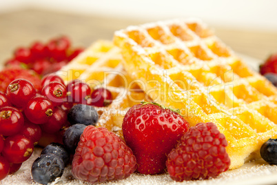 fresh tasty waffer with powder sugar and mixed fruits