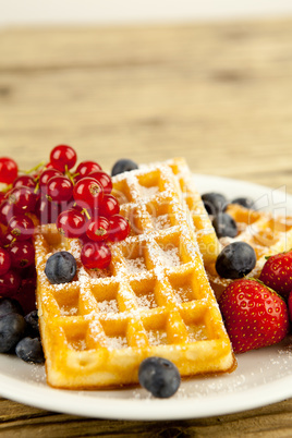 fresh tasty waffer with powder sugar and mixed fruits