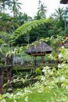 Ornate column in formal Balinese garden