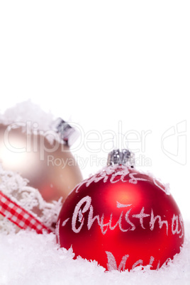 christmas decoration festive red bauble in snow isolated